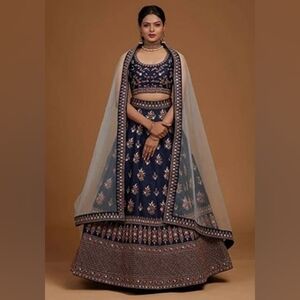 Blue Embroidered Zari Work And Multi Color Thread Work Lehenga Choli